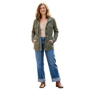 James Perse Army Green Cinch Waist Utility Jacket Pockets Hidden Buttons Size 4